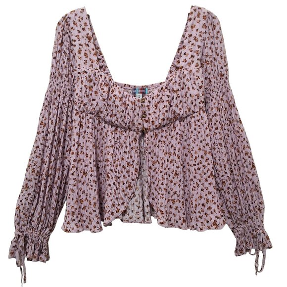 Urban Outfitters Floral Milkmaid Babydoll Top Poet Sleeves Tie Cuff Sz M - Picture 3 of 12
